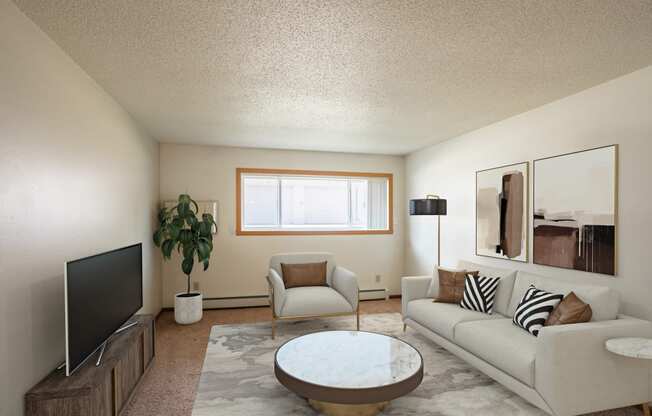 a living room with a couch and a coffee table and a tv. Fargo, ND Hawn Apartments