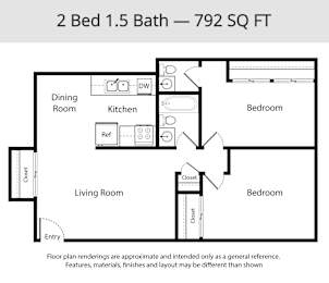 2 beds, 1.5 baths, 792 sqft, $1,230