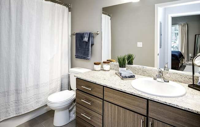 A bathroom with a white toilet, a sink, and a mirror.