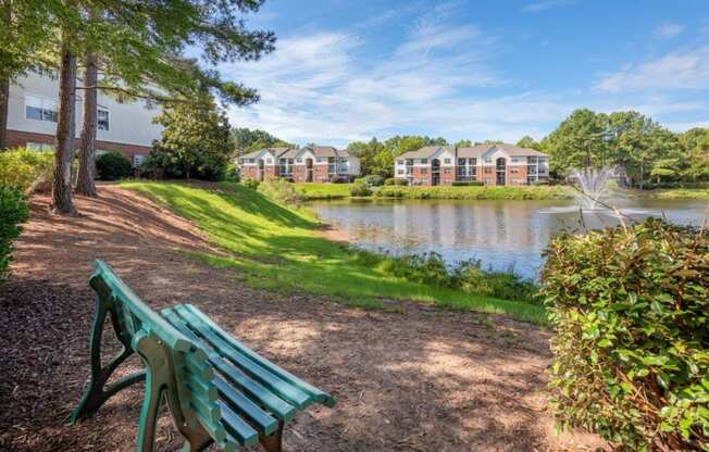 Southpoint Crossing Apartments in Durham, North Carolina Bench and Pond with Fountain