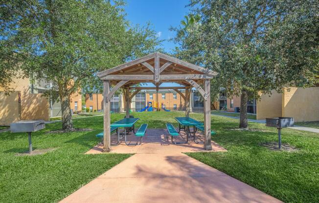 a park bench in front of a building