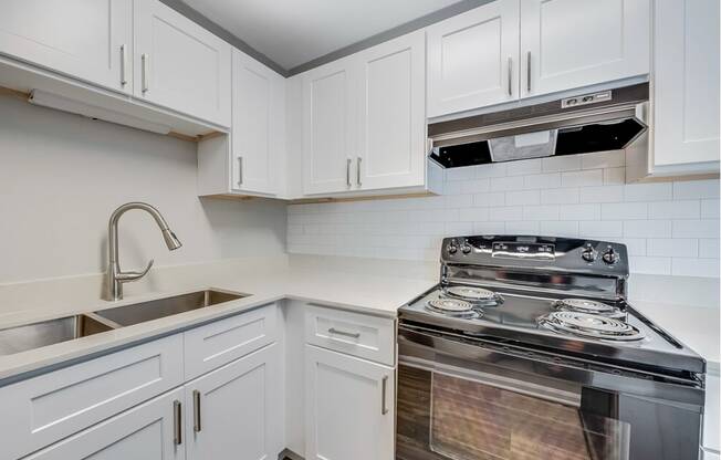 renovated kitchen with quartz countertops and stove at Cameron, North Carolina