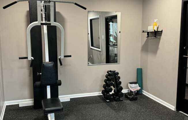 a home gym with weights and cardio equipment