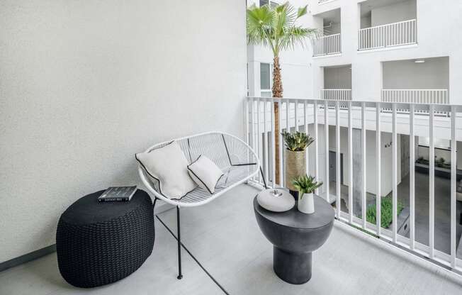 a balcony with a chair and a palm tree