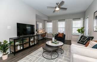 an open living room with a couch and a tv at Willowest in Lindbergh, Georgia, 30318