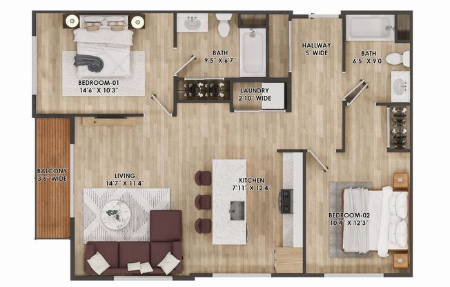 2 beds, 2 baths, 989 sqft, $2,700, Unit 202