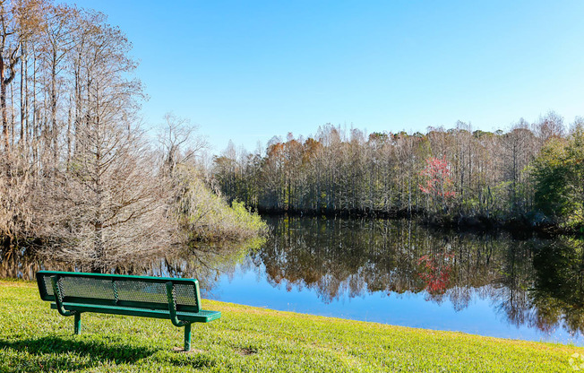 A green bench sits in front of a lake with trees in the background.