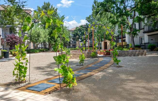 a courtyard with trees and plants and buildings in the background