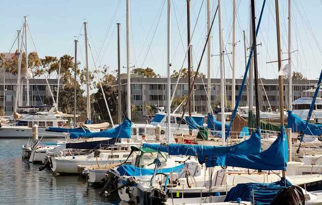 A marina with boats and a building in the background.