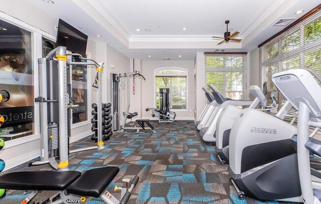 A modern fitness center featuring various exercise equipment, including stationary bikes, weight machines, and free weights. The gym is brightly lit with large windows and a cozy atmosphere, complemented by a ceiling fan and stylish carpeting.