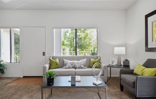 a living room with a couch coffee table and a window