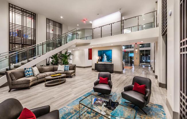 Elegant lobby lounge with coworking areas and art from acclaimed artists.