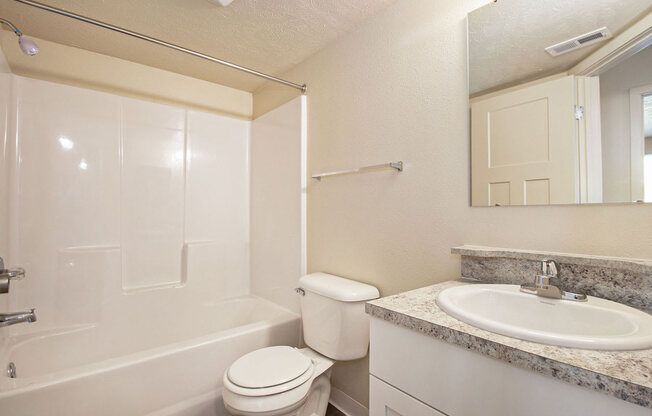 upgraded bathroom with a sink toilet and a mirror at Old Farm Apartments, Elkhart, Indiana