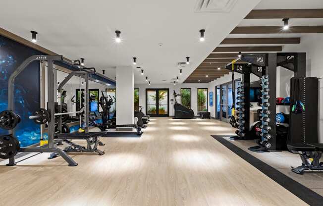 Vela Apartments spacious fitness center with a large number of exercise equipment and a blue mural on the wall