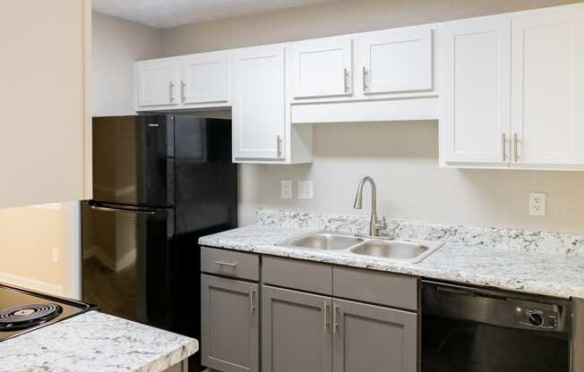 Modern kitchen with refrigirator and dishwasher at Twin Springs Apartments, Norcross, GA