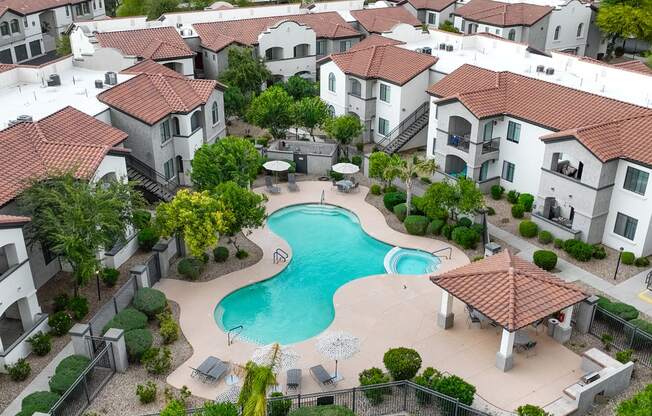 an aerial view of a swimming pool