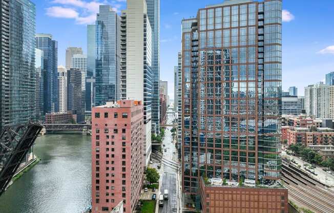 an aerial view of the city and the river  at Cassidy on Canal, Chicago