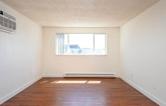 A room with a window and a radiator on the floor.