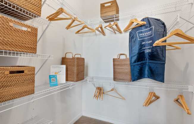 a closet with baskets and hooks and a bag on a rack