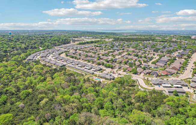A bird's eye view of a residential area surrounded by greenery.