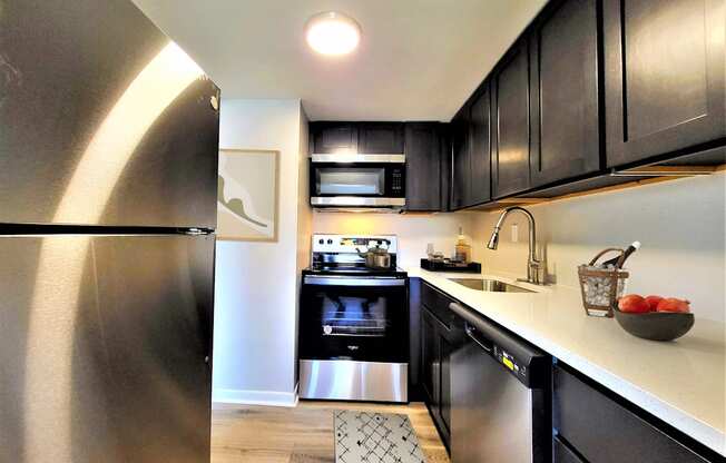 a kitchen with black cabinets and stainless steel appliances