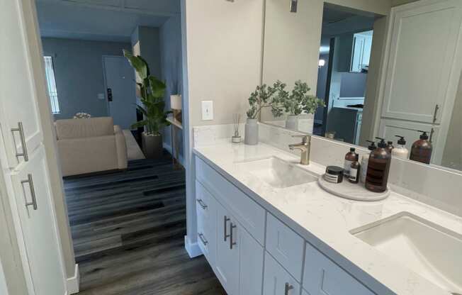 a bathroom with two sinks and a large mirror