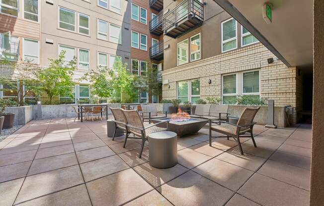 furnished patio with fire pit at the bradley braddock road station apartments