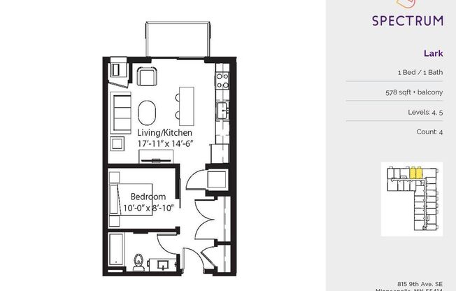 1 bed, 1 bath, 578 sqft, $1,395, Unit 508