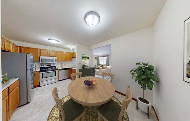 A kitchen with a table and chairs in the middle of the room.