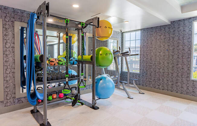 fitness center with exercise balls and yoga mats at Bayswater Apartments, Burlingame, CA