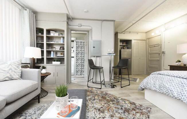 studio apartment with built-in bookshelves, living-bedroom, kitchen, and bathroom