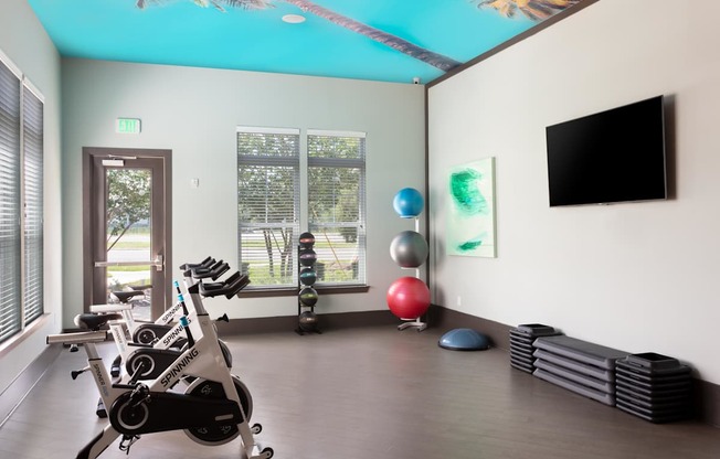 A gym with a row of stationary bikes and a television on the wall.