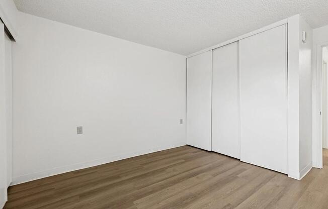 A room with white walls and wooden flooring with a white closet.