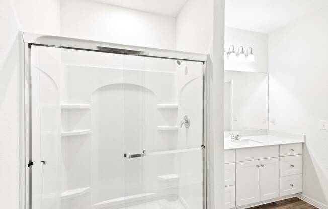 a bathroom with a shower and a sink