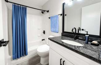 A bathroom with a blue shower curtain and a white toilet.