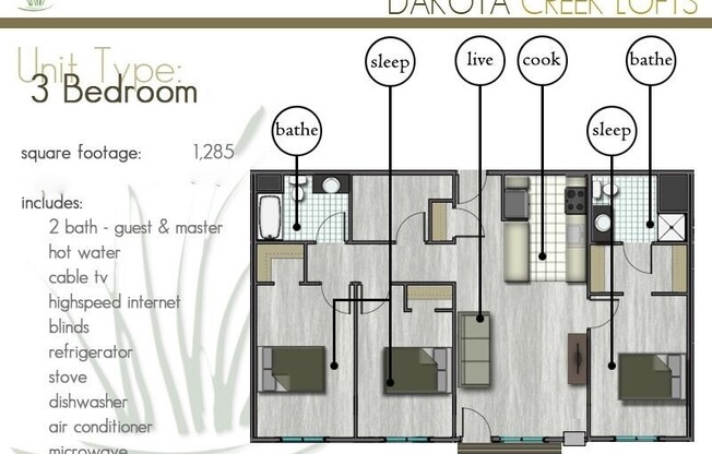 3 beds, 2 baths, 1,232 sqft, $1,425, Unit 420