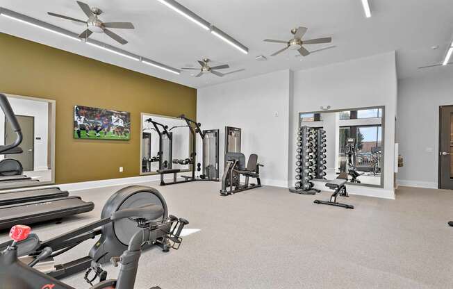 A spacious gym with a variety of equipment including treadmills, weights, and exercise machines.