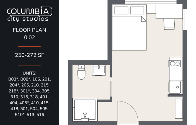 Studio, 1 bath, 252 sqft, $1,144, Unit 205