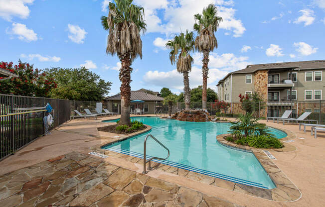 our apartments have a large swimming pool with palm trees