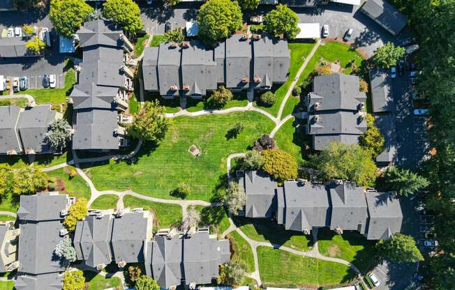 an aerial view of houses in a suburban neighborhood