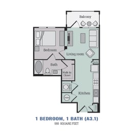 1 bed, 1 bath, 593 sqft, $1,402