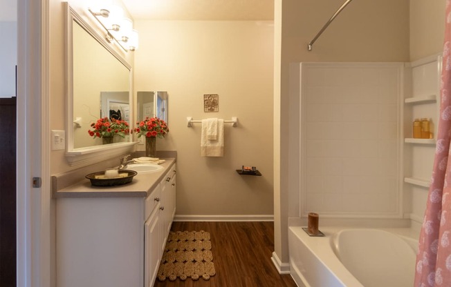 This is a photo of the primary bathroom in the 2 bedroom, 2 bath Islander floor plan at Nantucket Apartments in Loveland, OH.