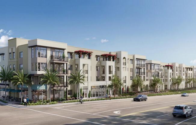 Street-level retail and modern residences come together at Modera Melrose along a palm-lined boulevard.