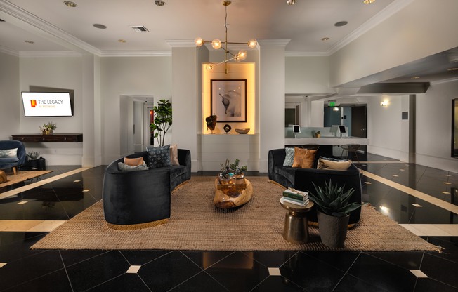 A living room with a black and white checkered floor.