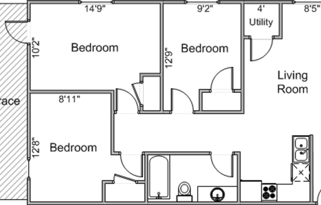 3 beds, 1 bath, 900 sqft, $3,249, Unit 45R-405