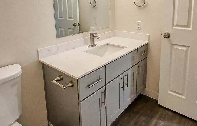 A bathroom with a white toilet, a sink with a cabinet underneath it and a mirror above the sink.