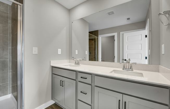 a bathroom with two sinks and a shower and a mirror