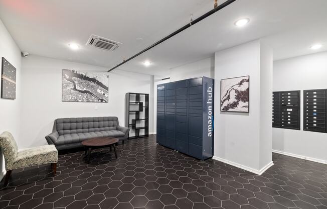 a living room with a couch and a blue locker