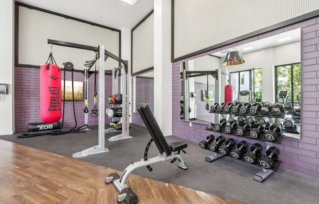 a home gym with weights and a red punching bag