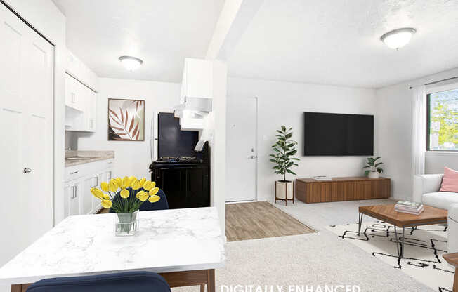 A modern kitchen, dining and living room with a large window at Old Farm Apartments, Elkhart, Indiana
